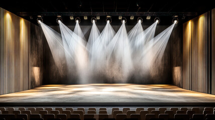 Interior of a modern theater, concert hall with red curtains. Stage is illuminated with spotlights. White smoke in the air