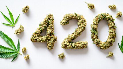 Number 420 made of cannabis flowers on white background. Symbol of marihuana smoking culture