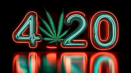 Number 420, made of red and blue neon light tubes, symbol of cannabis smoking, on dark background