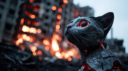 Stray cyborg cat hunting in abandoned destroyed town. Dystopian future