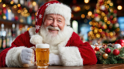 Santa Claus drinking beer in bar