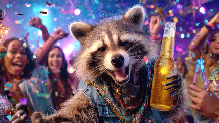 Funny raccoon with bottle of beer dancing in with crowd of people in a night club or at concert