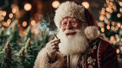 Santa Claus smoking marijuana reefer, looking like a drug addict