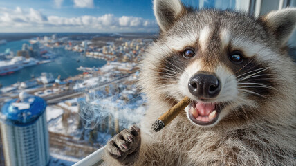 Raccoon is smoking cannabis in his apartment