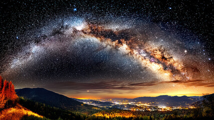 A breathtaking display of the Milky Way stretches above a vibrant city, surrounded by mountains and illuminated by starlight.