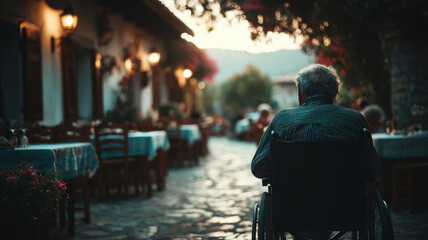 Very old man in a wheelchair on a street