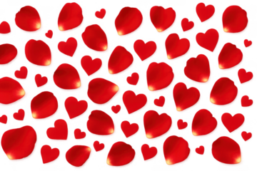Red rose petals and hearts pattern transparent background