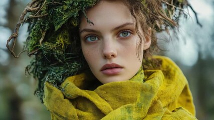 Video A woman wearing two scarves, one yellow and one green