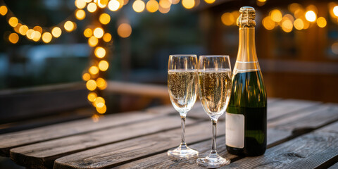 A festive setup with a champagne bottle and two flutes on rustic wood illuminated by warm holiday lights
