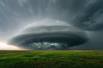 Massive supercell thunderstorm over a green prairie.