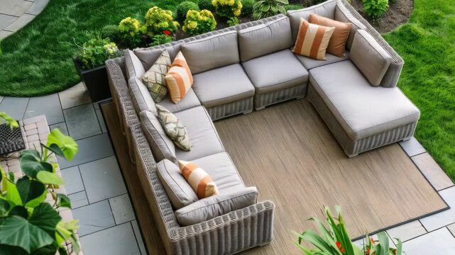 Spacious patio set with a modern flair. Comfortable sofa and matching ottoman on a wooden deck near vibrant plants.