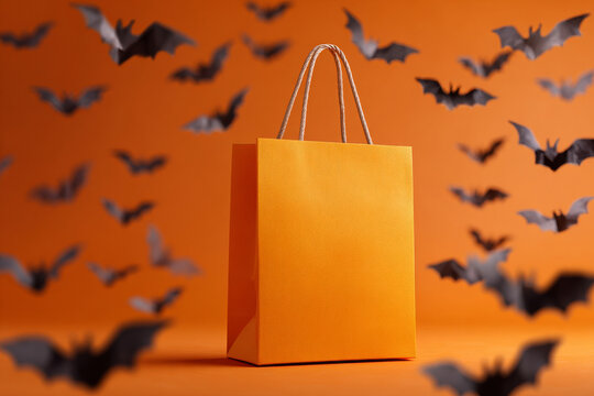 A vivid orange shopping bag releasing stylized bats in a dramatic Halloween-themed studio shot