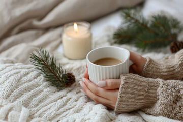 Serene morning scene with hands wrapped around a hot cup of coffee, beige sweater, candle, and pine accent on a bed