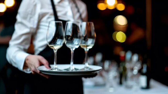 A waiter holding a tray with wine glasses in a dimly lit restaurant setting.