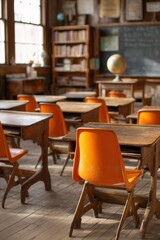 An empty school classroom with desks and chairs arranged neatly, showcasing the interior of an old-fashioned classroom in the morning light.