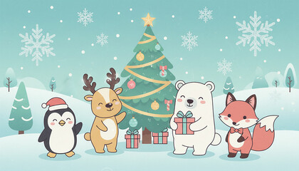 Cute Christmas Animals Partying Around a Decorated Tree