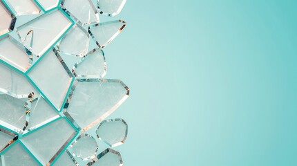 Translucent geometric crystal shards and faceted glass on aqua backdrop