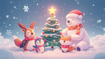 Cute Christmas Animals Partying Around a Decorated Tree