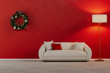 Living room with Christmas decoration, red wall, white cozy sofa and lamp with light, Christmas interior, 3d rendering