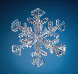 Beautiful, symmetrical snowflake rendering on a blue background.