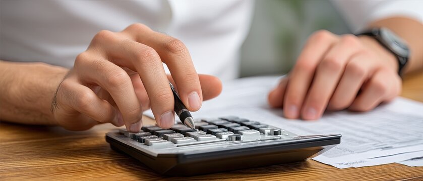 Individual is focused on calculating expenses, writing notes, and enjoying coffee on a sunny day at a wooden table - Powered by Adobe