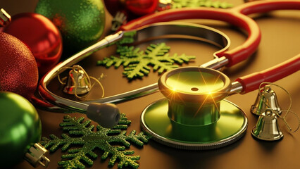 Christmas holiday themed medical stethoscope with ornaments and snowflakes on brown surface