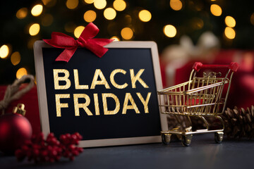A festive Black Friday graphic with a gold shopping cart, red ribbon accents, and celebratory backdrop representing seasonal sales