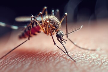 Macro shot of a mosquito on human skin.