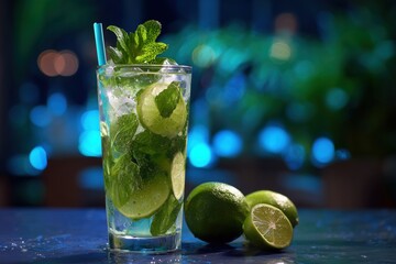 A mojito cocktail with lime and mint leaves on the bar counter in a night club, against a green color background, with a blurred background.