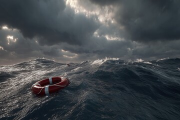A life preserver in the middle of a stormy sea, dark sky.
