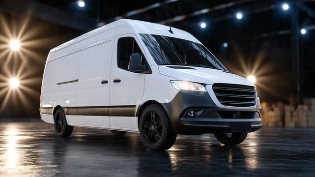 Minimalistic van mockup on black reflective floor, studio spotlight creating dramatic presentation for premium branding and vehicle wrap showcase