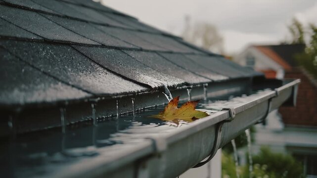 Rainwater collects in a gutter with a leaf floating as water drips off a roof during a cloudy day in an urban area