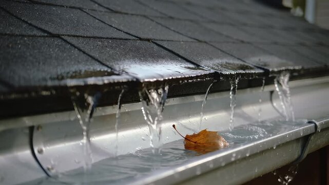 Rainwater flows from a roof gutter while a leaf floats on water collected below during a rainy day in a quiet neighborhood