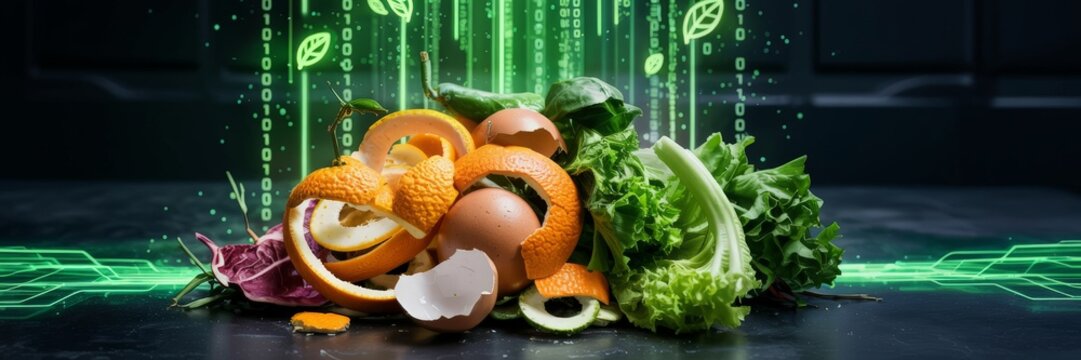 Organic food waste pile with digital recycling data interface
- Powered by Adobe