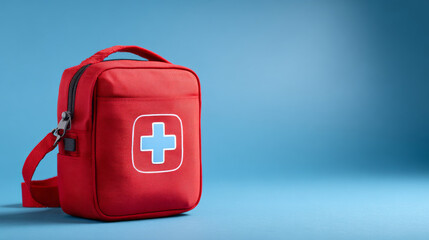 Medical supplies concept with a red first-aid kit shown prominently on a solid blue background