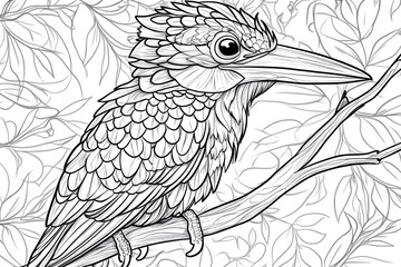 Detailed black and white drawing of a kingfisher perched on a branch. Intricate feather patterns and floral background