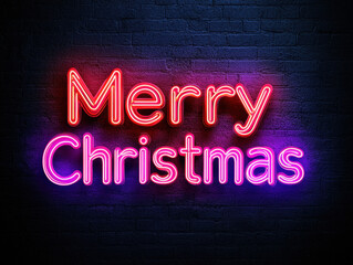 Obraz premium Merry Christmas neon sign glows on dark brick wall creating festive and joyful holiday atmosphere with vibrant red and purple light