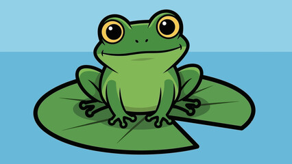 Cartoon frog sitting on a lily pad in a serene blue pond, showcasing nature's beauty