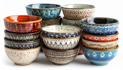 Twelve ceramic bowls stacked in three columns with varied colors, glazes, and textures on light background
