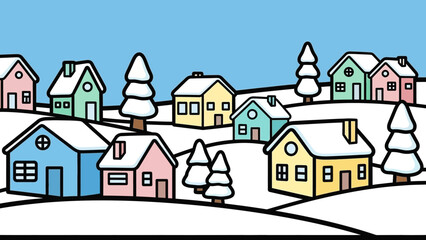 Colorful winter landscape with cartoon houses and snow-covered hills under a blue sky