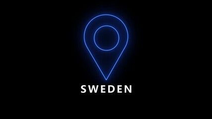 Neon blue map marker icon with the text SWEDEN on a black background Keywords: map marker, location pin, navigation, destination, travel, Sweden, Europe, geography, country, nation