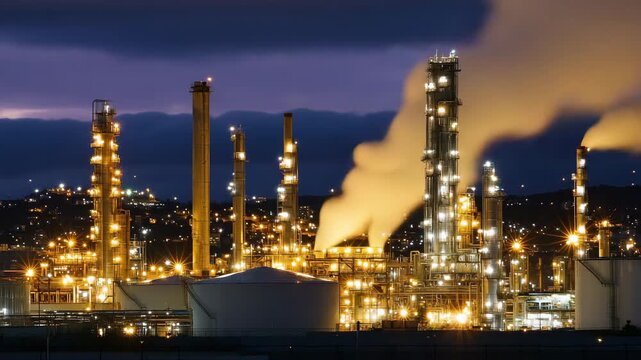 Oil refinery tanks and towers glowing at dusk behind silver fencing, warm lights diffused by rising steam