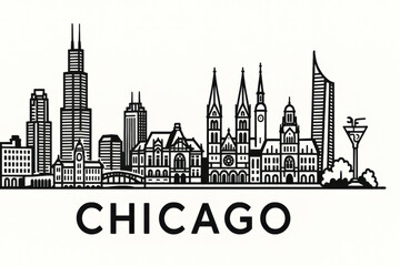 Naklejka premium Chicago. USA Panorama.black and white logo illustration