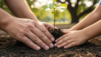 Hands planting seedling in soil