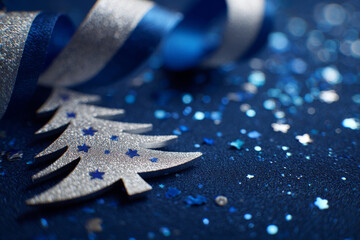 Blue and silver holiday elements arranged in a stylized Christmas tree form with shimmering ribbon on a dark blue background, radiating seasonal warmth