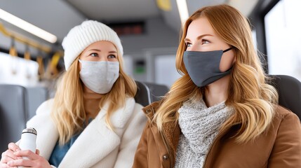 A woman in a cozy sweater and mask gazes out the window on public transport while another passenger sits nearby, focused on the scenery