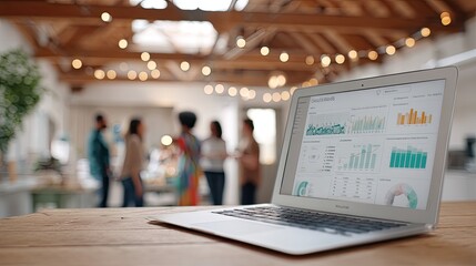 A laptop with colorful charts and graphs sits on a wooden desk in a bright office, highlighting data analysis in a professional environment