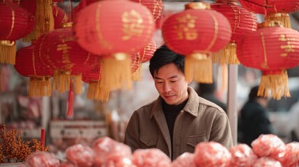 Young man standing in front of a market stall with red lanterns hanging above him. the lanterns are decorated with gold chinese characters and have tassels hanging from them.