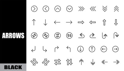Black arrow icon set. various directions, styles, and shapes arranged.