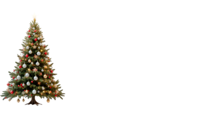 Beautifully decorated green christmas tree with glowing lights and ornaments on a transparent background for easy design use